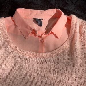 Rue21 Apricot Orange Button Up Blouse 3/4 Sweater Layered Look Side Slits XL